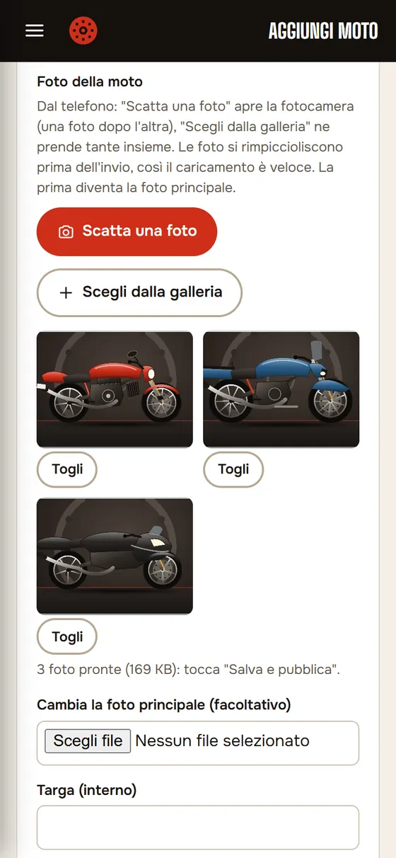 Il modulo per caricare una moto visto dal telefono