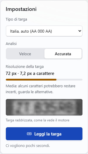 Il pannello Impostazioni con tipo di targa, analisi, risoluzione e anteprima